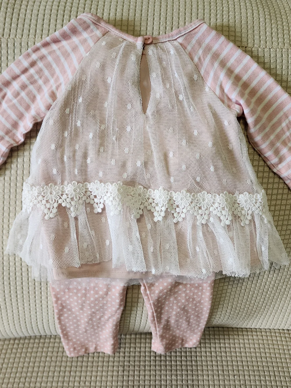 Rare Editions 3-6M Pink Floral Tulle Baby Dress & Polka Dot Leggings Set.